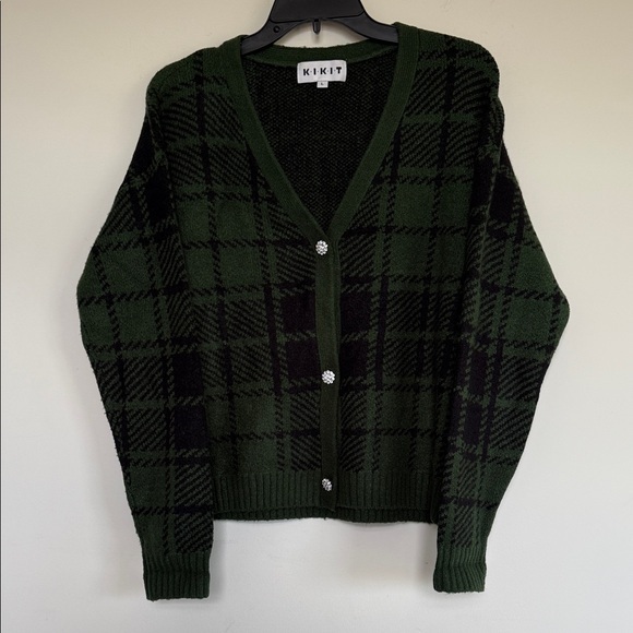 KIKIT Sweaters - Forest Green Plaid V-Neck Cardigan Sweater